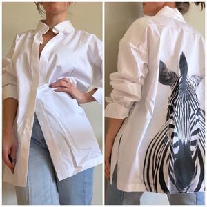 Norma Kamali NK Shirt Tunic White Front Zebra Graphic Back M Cotton Safari